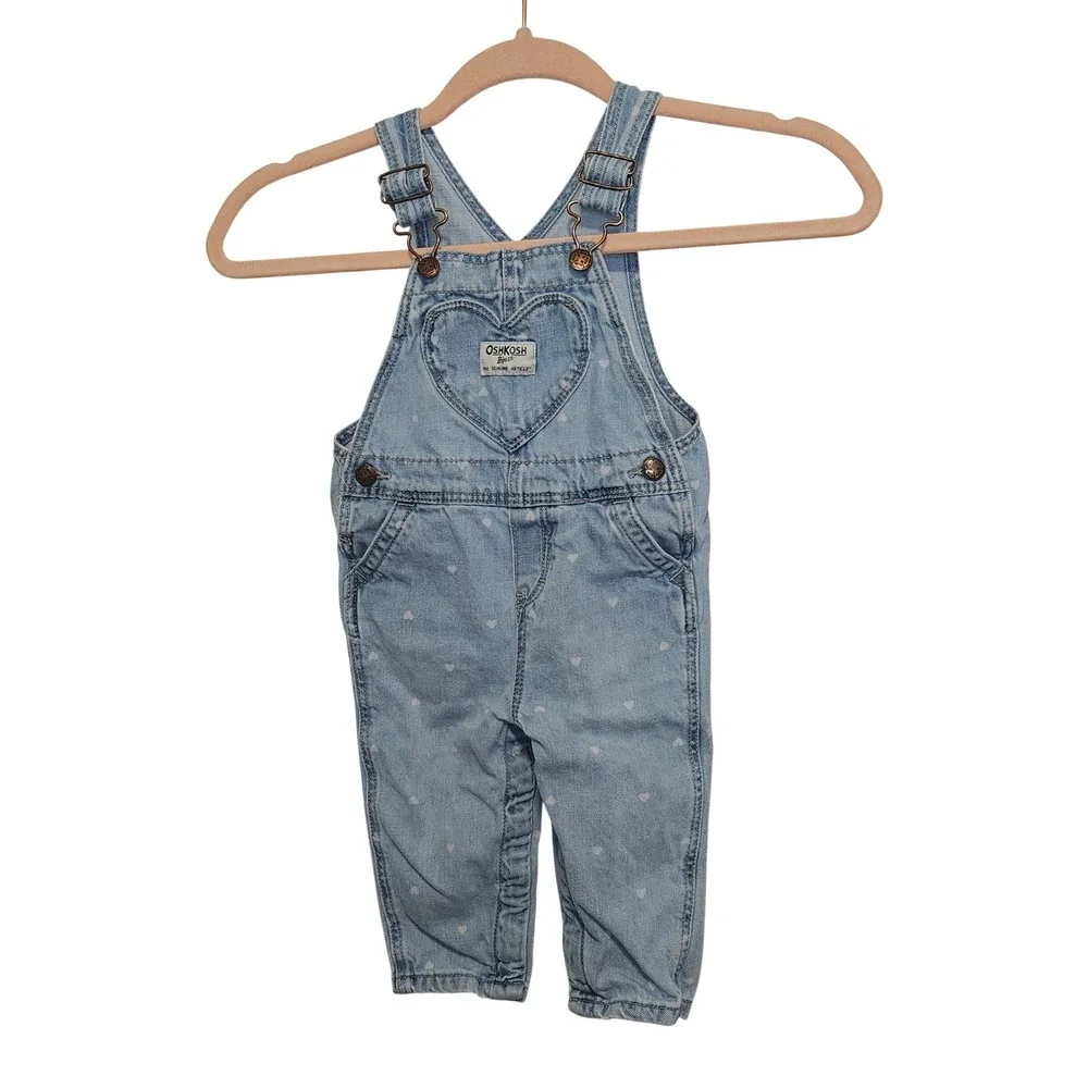 OshKosh Bgosh Baby Girls Heart Print Denim Overalls‎ Light Wash 12M Vestbak